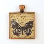 Butterfly Pendant - Black White Tan Copper Square..