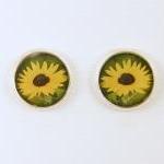 Flower Stud Earrings - Yellow Green Silver Round..