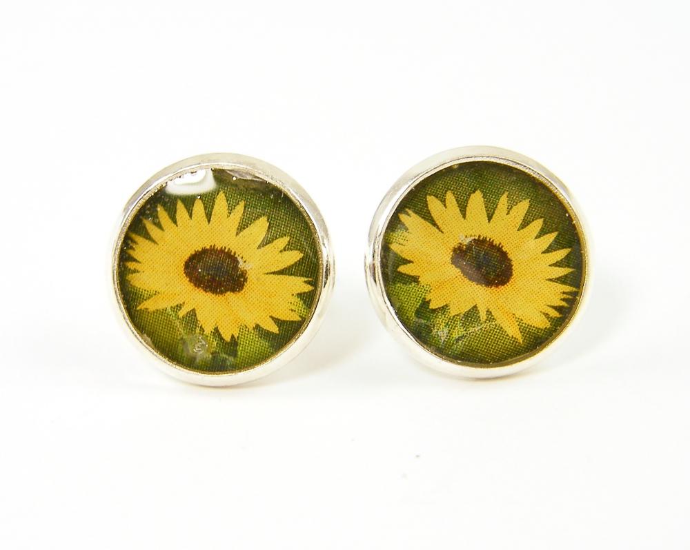 Flower Stud Earrings - Yellow Green Silver Round Sunflower Post Earrings