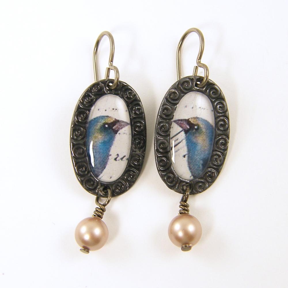 Bird Earrings - Blue Bird Collage Blush Pearl Dangle Earrings